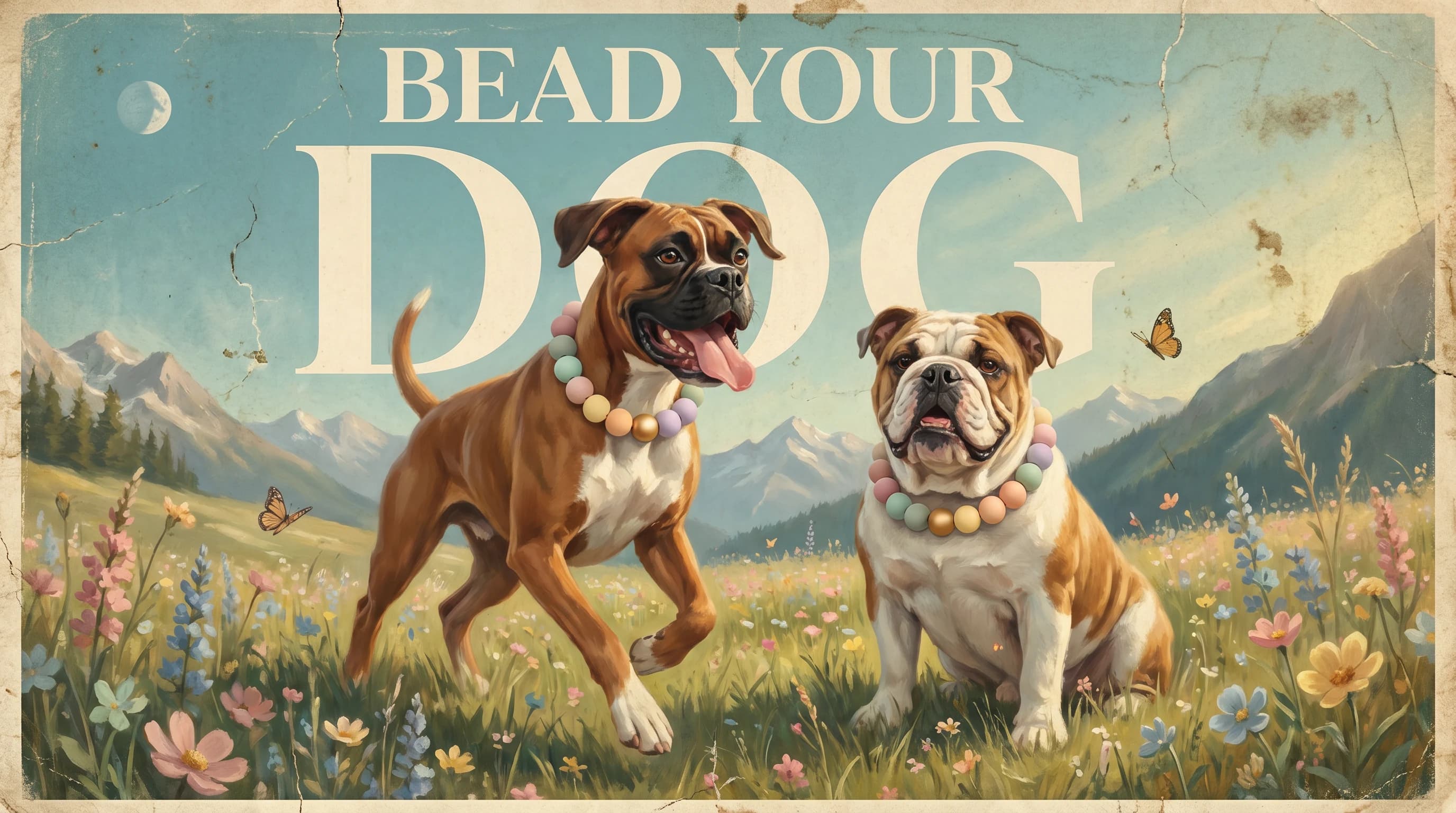 Titus und Gini mit Pastellperlen-Halsbändern auf einer blühenden Alpenwiese — BEAD YOUR DOG